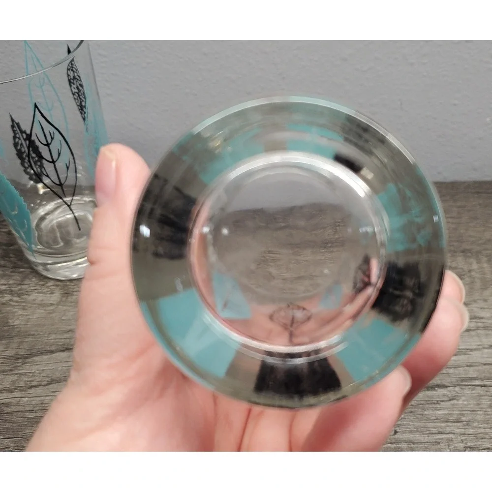 Vtg Federal Glass MCM Barware Teal & Black Leaves 5.25